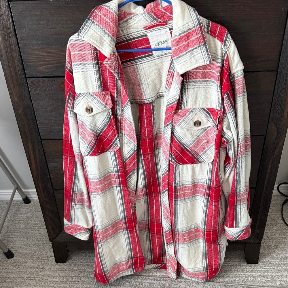 Aerie Red and White Plaid Button Down Shirt